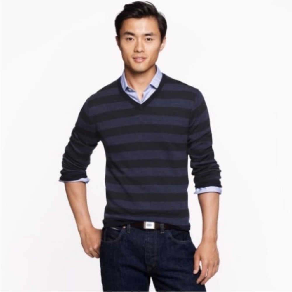 J. Crew Men's V-Neck Sweater - Navy and Black Stripes
